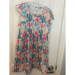 Unbranded Cactus Print Dress Multicolor Flutter Sleeve Ruffle Skirt 5Y